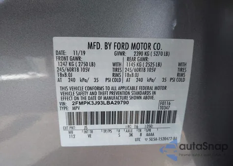 2020 Ford Edge Sel из США, поврежденный, VIN 2FMPK3J93LBA29790